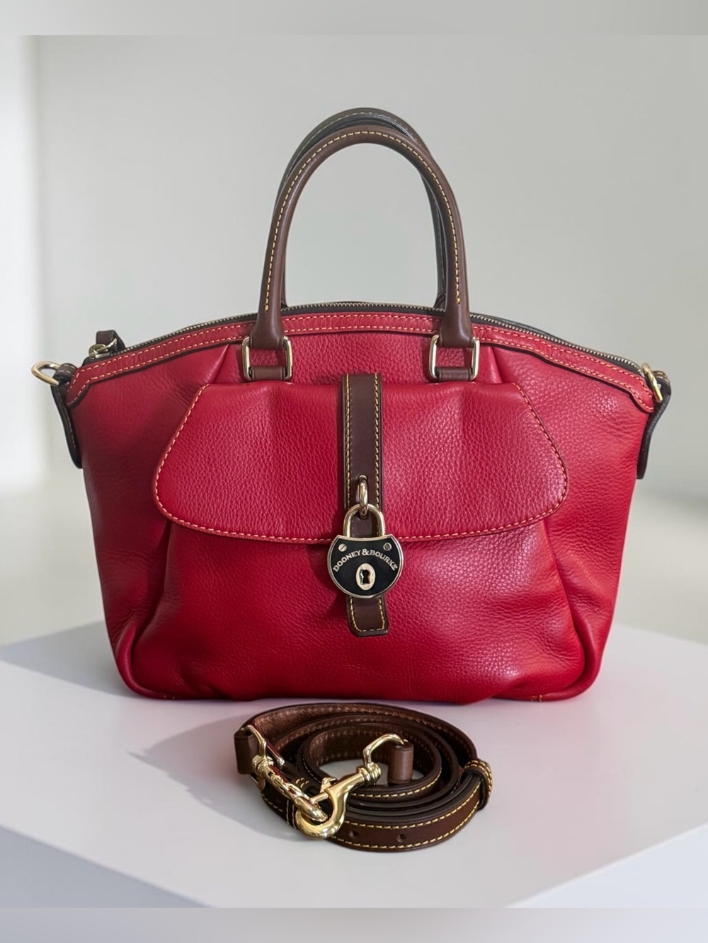 Dooney & Bourke Red Pebbled Leather Pocket Lock Satchel Crossbody Bag! EUC!!